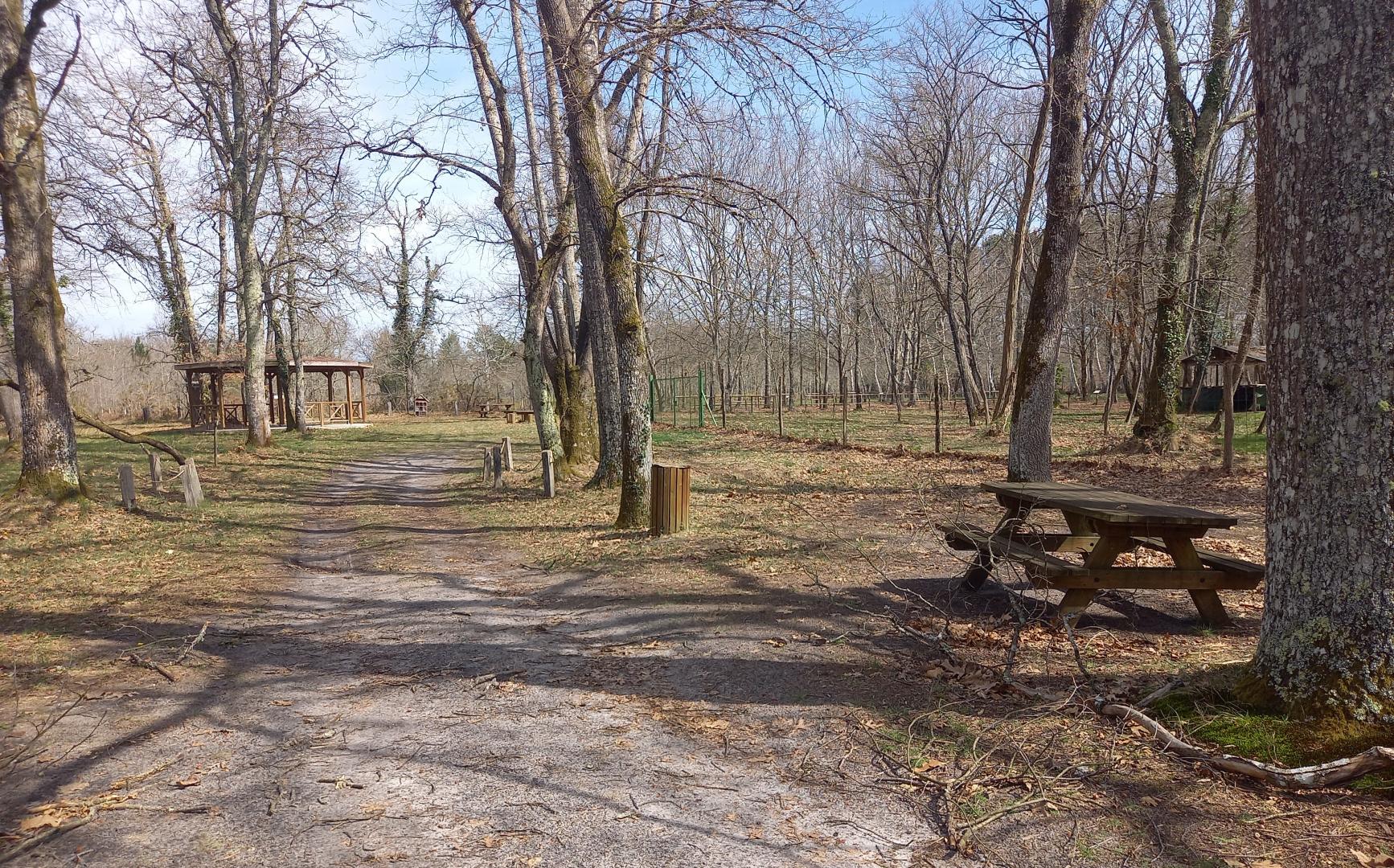 Photo de l'aire d'accueil de l'arboretum avec des tables de pique nique